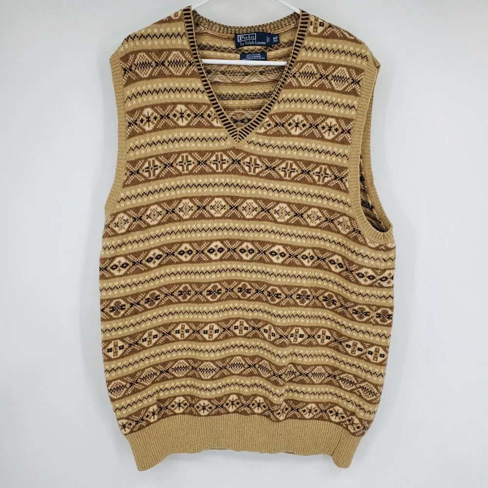 Polo Ralph Lauren Mens XLT Tall Fair Isle Knit Sweater Vest Tan Brown Cashmere